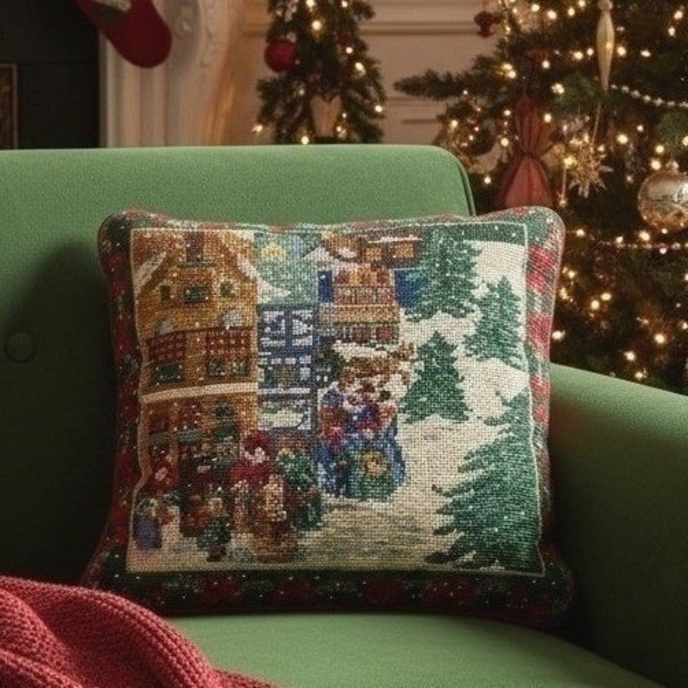 Vintage Christmas Needlepoint Pillow, Winter Village, Red Velvet 12"